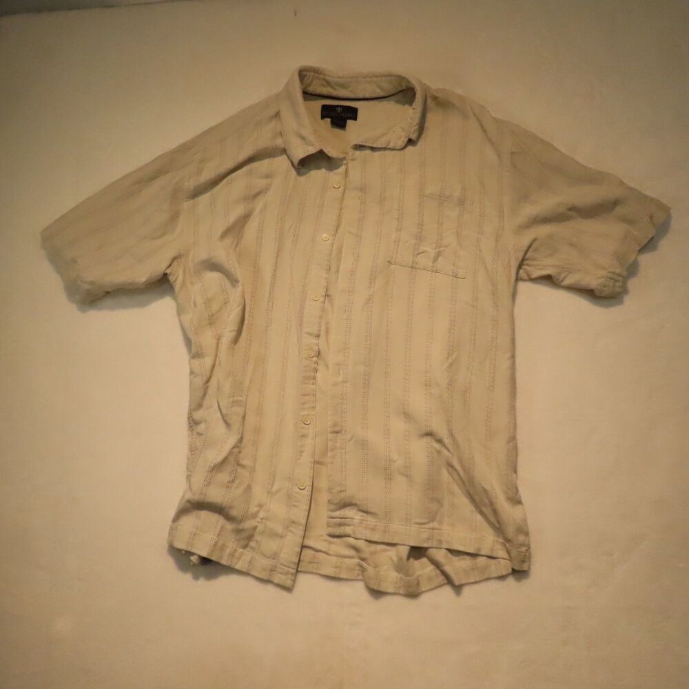 Toscano Mens XL Silk Short Sleeve Button Up Shirt Beige Cream Textured Stripe